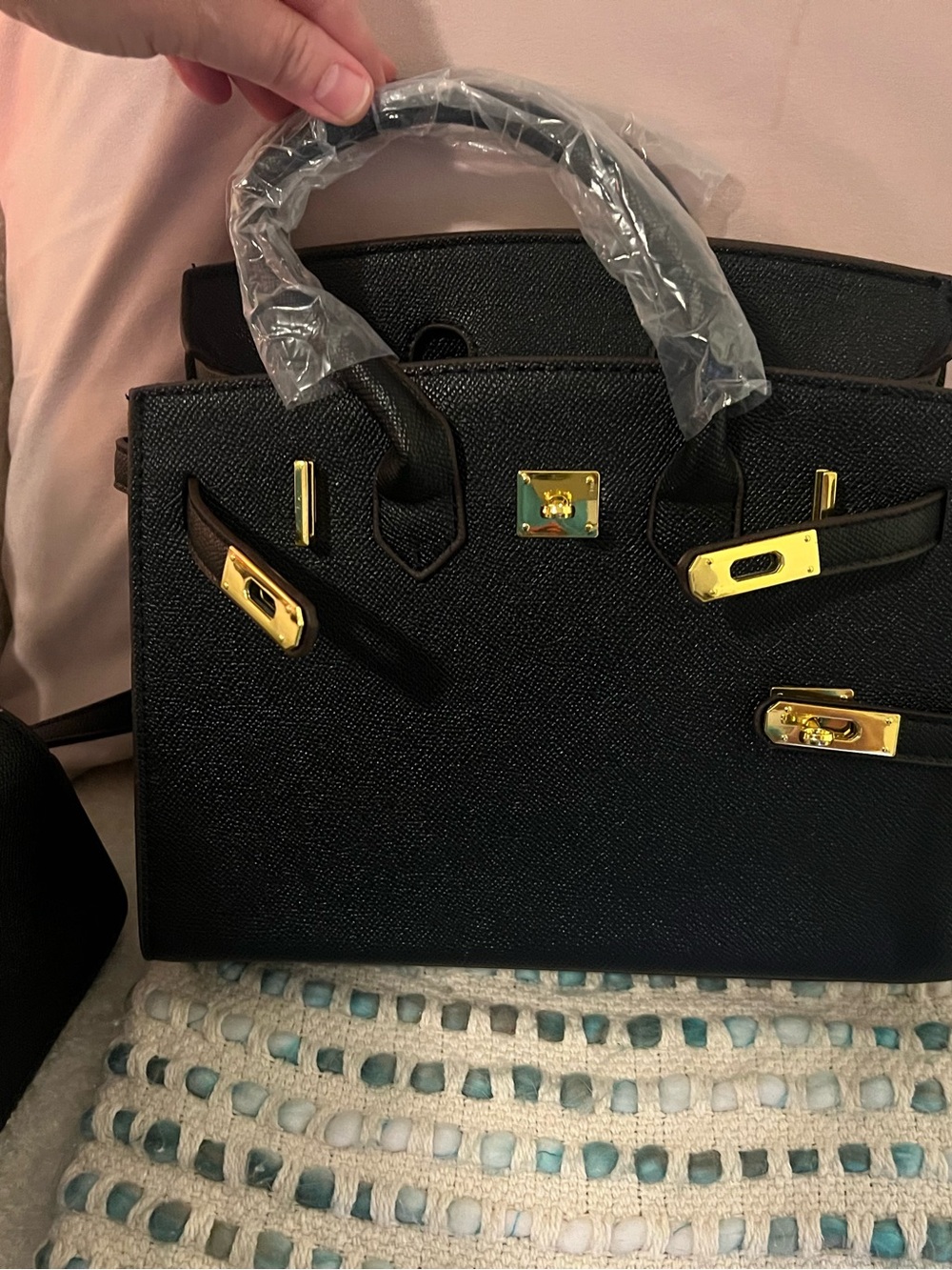 INSPIRED Black Structured Top-Handle Women’s Bag with Gold Hardware - Picture 4 of 14